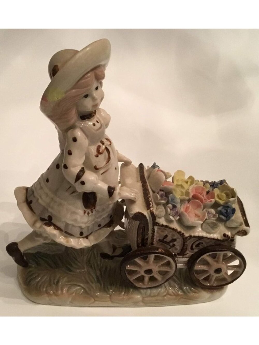 Vintage Fine Porcelain Girl Figurine with Flower Cart - Japan Art Decor
